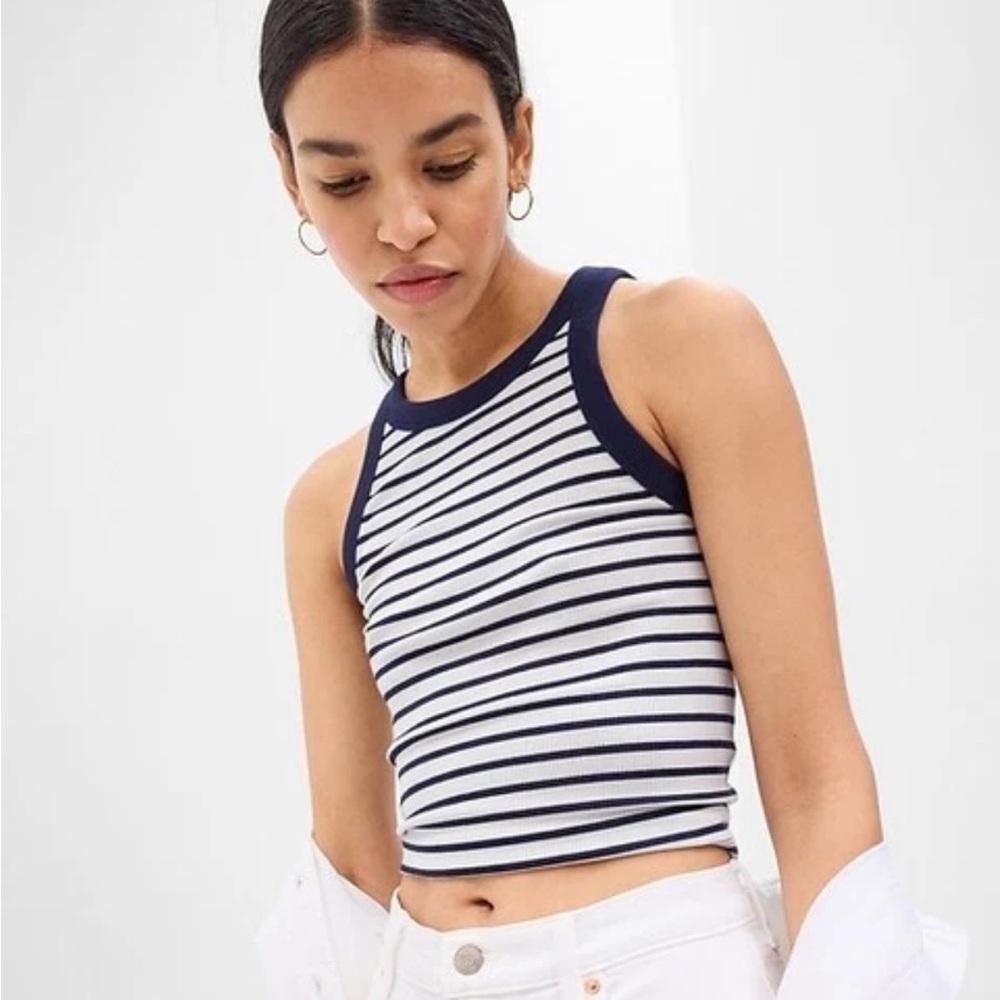 Gap Modern Mini Rib Cropped Halter Tank Top Navy Blue Striped - Size L